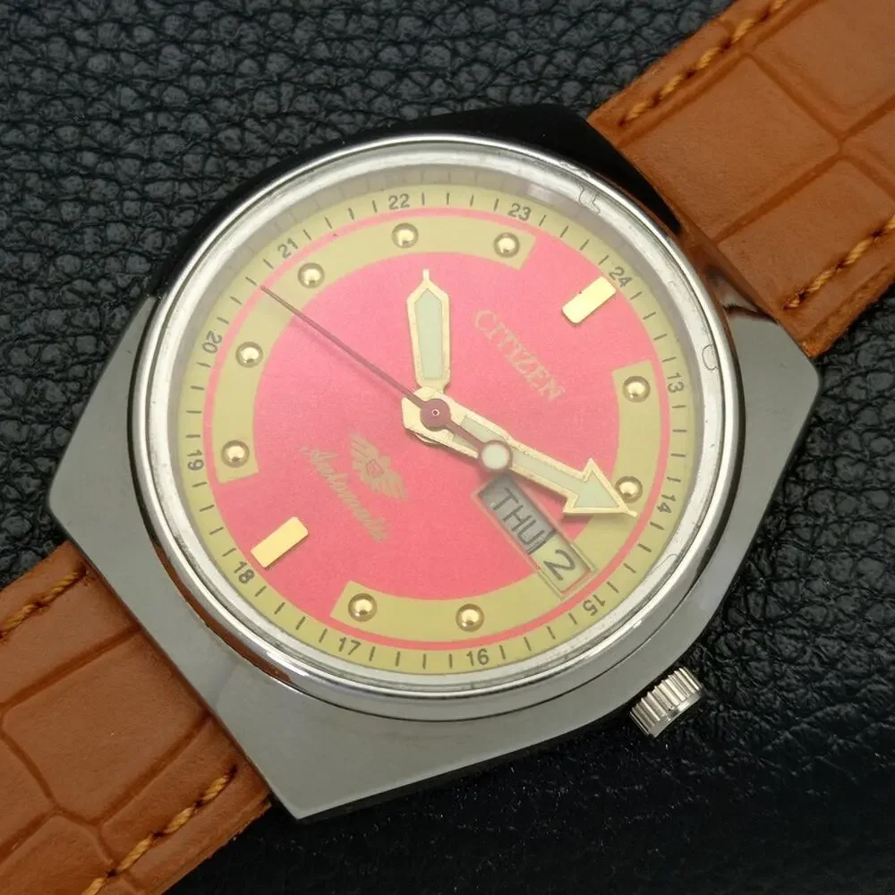 Vintage 1980 Citizen Automatic Mens Silver Watch W/daydate & Red accents
